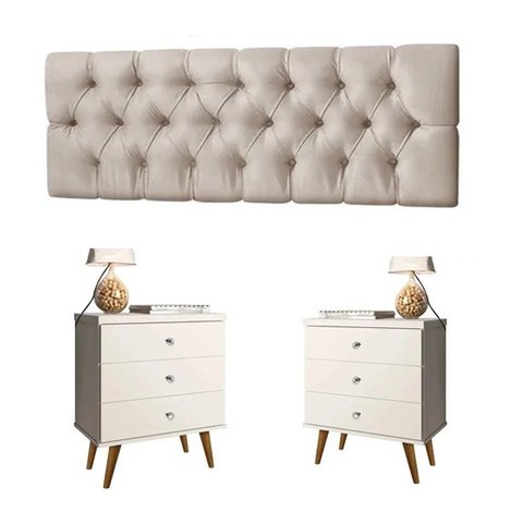 Conjunto Cabeceira Painel Paris 1,40 Capitone com Mesas de Cabeceira Status 3 Gavetas Off White - Re