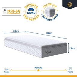 Cama Box com Colchao de Molas Ensacadas Pillow Top Flora + Auxiliar de Espuma Unique Solteiro 88cm - 5
