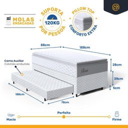 Cama Box com Colchao de Molas Ensacadas Pillow Top Flora + Auxiliar de Espuma Unique Solteiro 88cm - 3