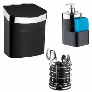 Kit Cozinha Preto/cromado Lixeira, Porta Detergente, Talher