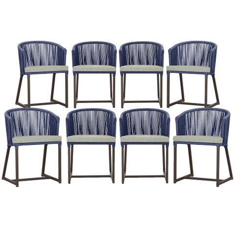 8 Cadeiras de Jantar Área Noronha em Alumínio com Pintura Marrom Corda Náutica Estofado 3 Trama Orig