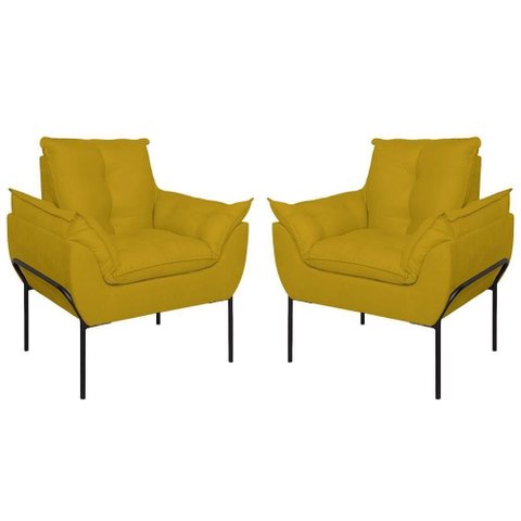 Kit 02 Poltronas Base Metal Preto Sala Quarto Balaqui Decor Amarelo