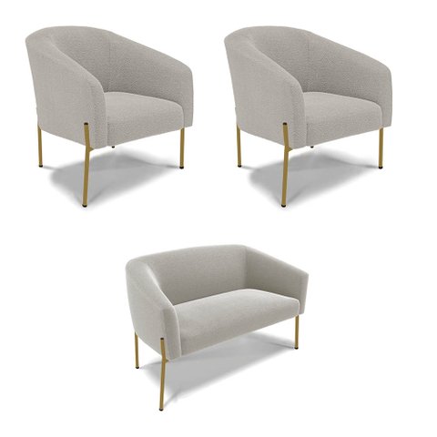 Namoradeira e 2 Poltronas Pé Ferro Dourado Stella Bouclê Cinza D03 - D'Rossi