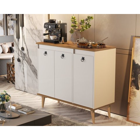 Buffet Jalmac 3 Portas Pés Palito Retrô - Off White/freijó