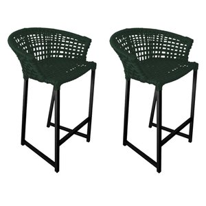 Kit 2 Banquetas Reis em Corda Náutica e Base em Alumínio Preta para Área Gourmet Verde Musgo