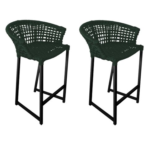 Kit 2 Banquetas Reis em Corda Náutica e Base em Alumínio Preta para Área Gourmet Verde Musgo