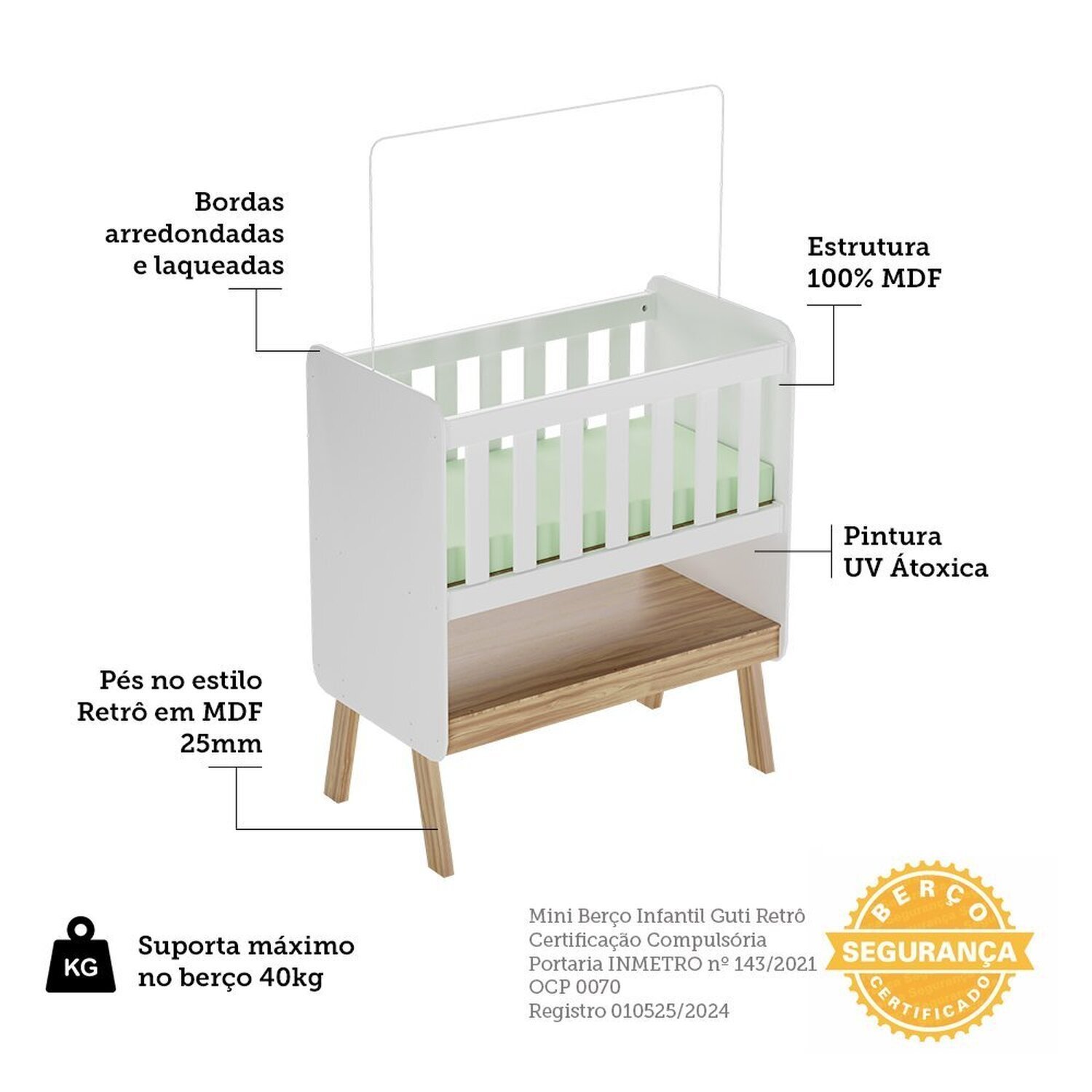 Mini Berço 3 em 1 com Colchão Ada Retrô 100% Mdf Espresso Móveis - 4