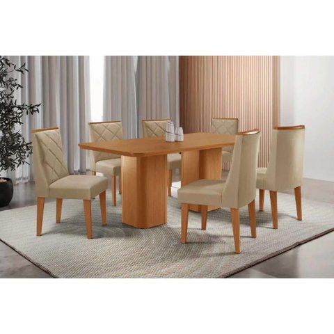Sala de Jantar Completa Maldivas C/ Tampo Madeirado Canto Curvo 180x90cm e 6 Cadeiras Pietá