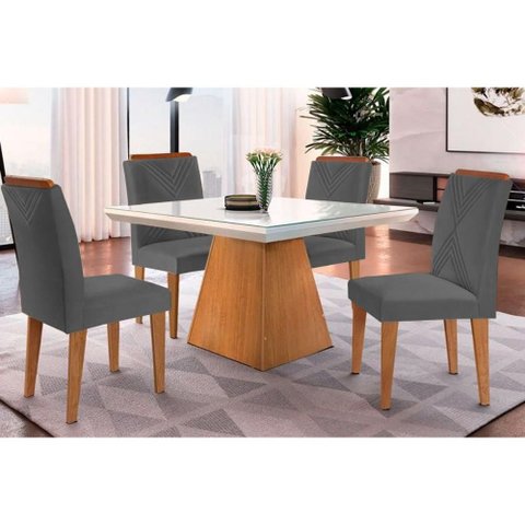 Conjunto: Mesa de Cozinha Luna C/ Tampo Madeirado C/ Vidro Canto Curvo 90x90cm e 4 Cadeiras Amsterd