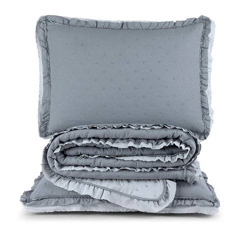 Kit Cobre Leito Colcha Vitta Casal Padrão Matelado C/ Babadinhos 200 Fios 3 Peças Cinza