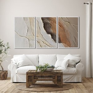 Quadro Decorativo Modelo Rocha com 3 Telas para Sala, Casa de Praia, Lavabo 60cm X 90cm Com Vidro