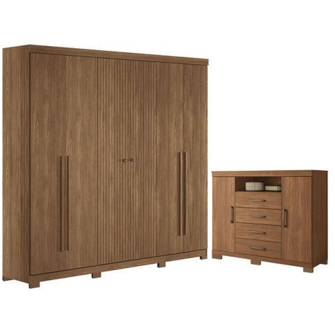 Guarda Roupa Casal Ripado 6 Portas Buriti com Pés e Cômoda Havana Master com Pés Jatobá Acetinado - 