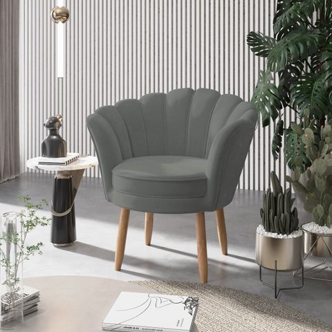 01 Poltrona Decorativa Pétala Escritório Sala Recepção Veludo Cinza - Visalar