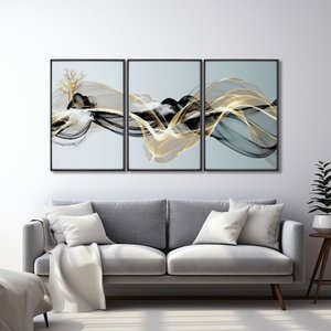 Quadro Decorativo Abstrato com 3 Telas de Parede para Sala Quarto Escritório 60cm X 90cm Com Vidro