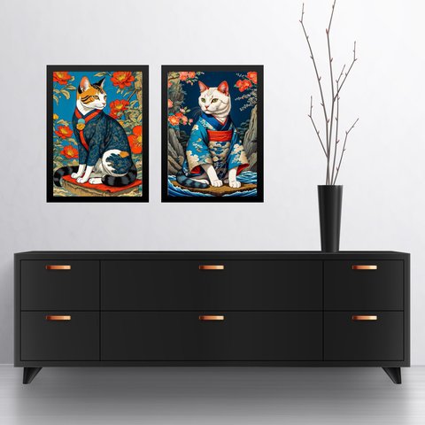 Kit 2 Quadros Arte Oriental - Gatos de Kimono 45x34cm - com Vidro:moldura Preta