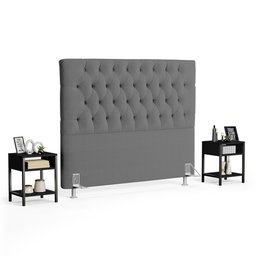 Cabeceira Casal 140cm Cristal Bouclê Cinza e 2 Mesas Laterais Plaza Lc1 Preto - Mpozenato - 1