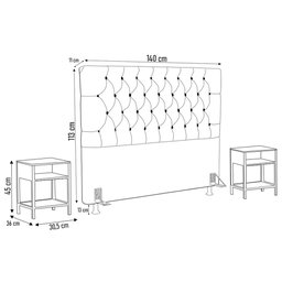 Cabeceira Casal 140cm Cristal Bouclê Cinza e 2 Mesas Laterais Plaza Lc1 Preto - Mpozenato - 4