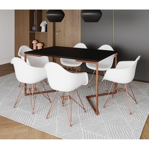Mesa Industrial Jantar Preta 137X90Cm Base Cobre V Com 6 Poltronas Brancas Base Cobre Preto