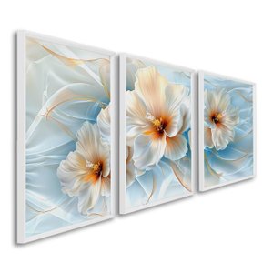 Quadro Decorativo Floral Flor de Hibisco com 3 Telas de Parede para Sala Quarto Escritório 60cm X 90 Com Vidro