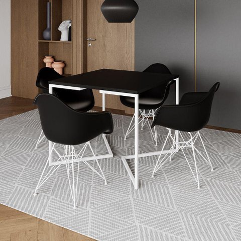 Mesa Jantar Industrial Quadrada Preta 90Cm Base V Com 4 Poltronas Pretas Ferro Branco Cor: Preto