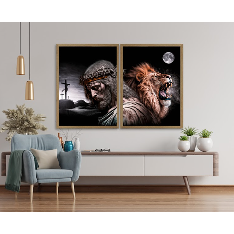 Conjunto Quadro Decorativo Religioso Leão de Judá e Jesus Cristo Sobe a Lua
