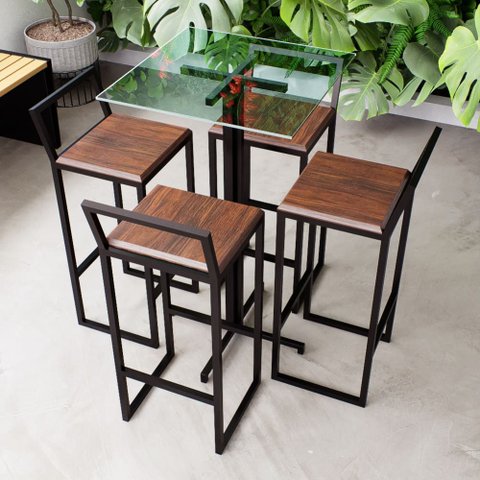 Conjunto Mesa Alta Bar Bistrô Quadrada Vidro 4 Banquetas Confort Imbuia Industrial Black Don Castro