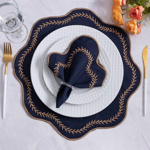 Jogo de Guardanapos Sousplat Americano 12 Peças Bordado Decorativo - Paris Detalhe Dourado Marinho