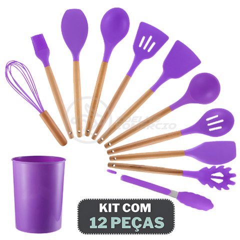 Kit 12 Peças Conjunto de Cozinha Utensílios de Silícone com Espatulas Pincel Batedor Manual - Roxo