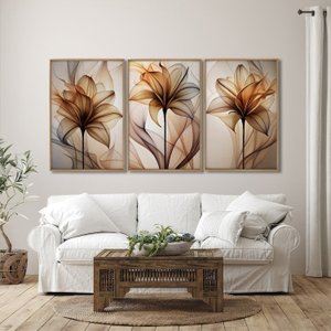 Quadro Decorativo Modelo Floral V com 3 Telas de Parede para Sala Quarto Escritório 60cm X 90cm Com Vidro