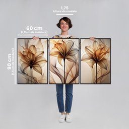 Quadro Decorativo Modelo Floral Abstrato 3 Telas de Parede para Sala Quarto Escritório 60cm X 90cm Com Vidro - 4