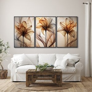Quadro Decorativo Modelo Floral Abstrato 3 Telas de Parede para Sala Quarto Escritório 60cm X 90cm Com Vidro