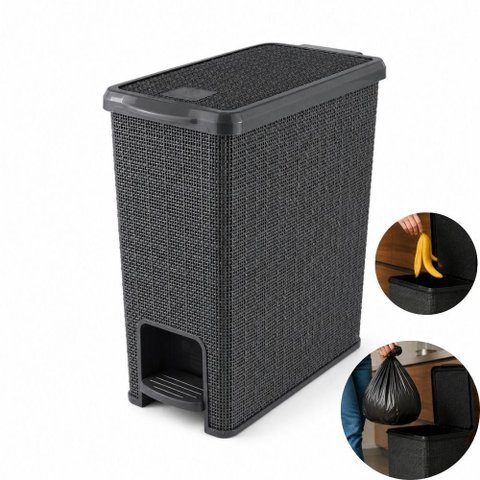 Lixeira Pedal Rattan Cinza 12 Litros Cesto Lixo 12L Juta Retangular Chumbo Tampa Quarto Bebe Cozinha
