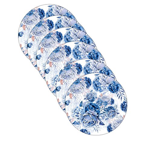 Kit Sousplat Rosas Azul - 6 Peças - com Base