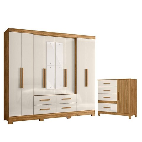Guarda Roupa Casal San Lorenzo com Espelho e Cômoda Vênus com Pés Freijó Off White – Moval