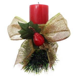 Vela Vermelha Decorativa Para Natal Com Laço Dourado e Fruta