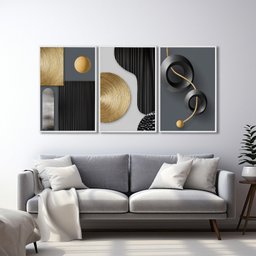Quadro Decorativo Geométrico Formas e Linhas 3 Telas de Parede para Sala Quarto Escritório 60cm X 90 Sem Vidro - 2