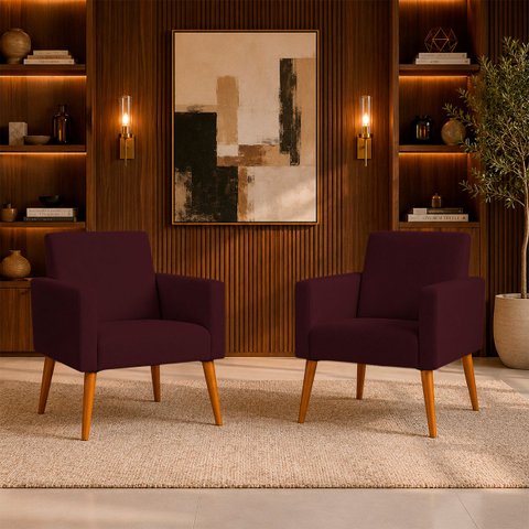 Kit 2 Poltronas Decorativa para Sala Nina Suede Cores Pé Palito 30cm Castanho