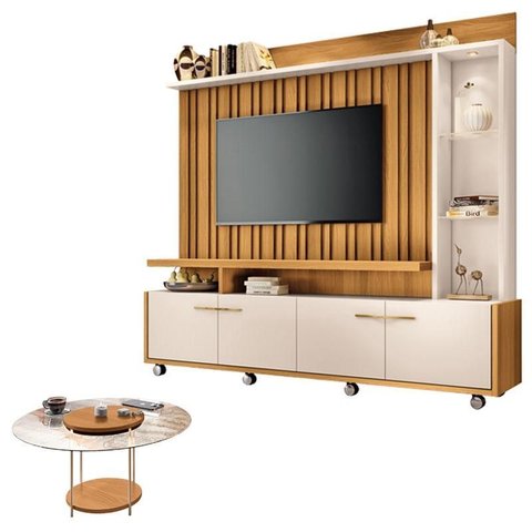 Estante Home Theater Titan Off White Cinamomo e Mesa de Centro sky com Tampo de Vidro Cinamomo - HB 