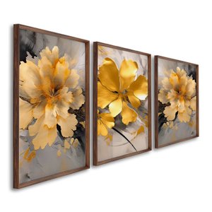Quadro Decorativo Floral Amarelo com 3 Telas de Parede para Sala Quarto Escritório 60cm X 90cm Sem Vidro