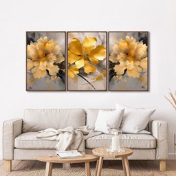 Quadro Decorativo Floral Amarelo com 3 Telas de Parede para Sala Quarto Escritório 60cm X 90cm Sem Vidro - 2