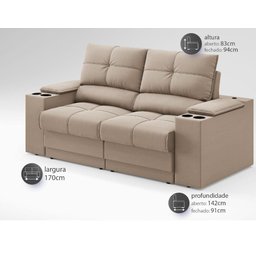 Sofá com Porta Copos e Carregador USB Retrátil e Reclinável Ringo 1,70m Velosuede Capuccino - - 2