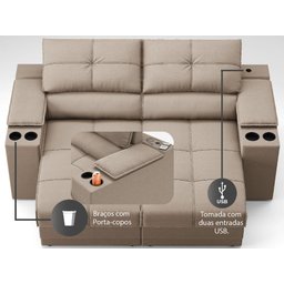 Sofá com Porta Copos e Carregador USB Retrátil e Reclinável Ringo 1,70m Velosuede Capuccino - - 6