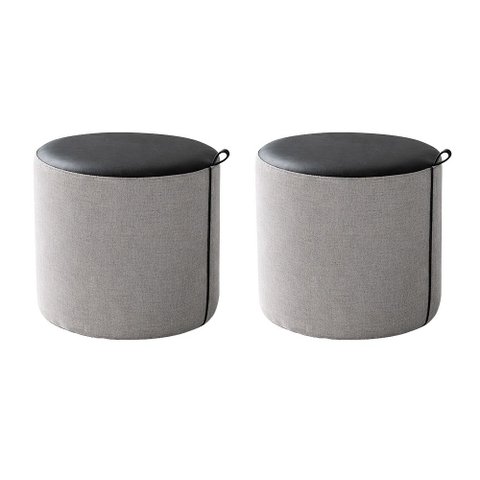 Kit 2 Puffs Requinte Redondos Decorativos Design Moderno Sala Premium - Couro Preto/Linho Cinza
