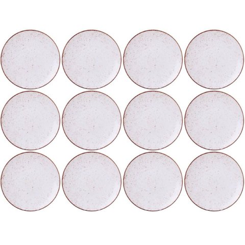 Jogo 12 Pratos Rústicos de Porcelana 25cm Marrom Tramontina Decorado Mesa Posta
