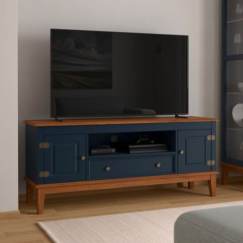 Rack para TV 65 Polegadas Madeira Maciça 2 Portas 1 Gaveta Rústico 149cm Azul Petróleo - Apaixone & Decore