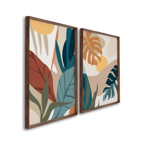 Quadro Decorativo Paisagem Tropical Plantas e Folhas com 2 Telas de Parede para Sala Quarto Escritór Sem Vidro