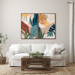 Quadro Decorativo Paisagem Tropical Plantas e Folhas com 2 Telas de Parede para Sala Quarto Escritór Sem Vidro - 2