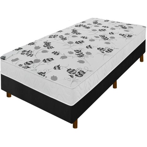 Cama Box Preta + Colchão Solteiro Florencia Branco Espuma D28 Liso 88x188x51cm