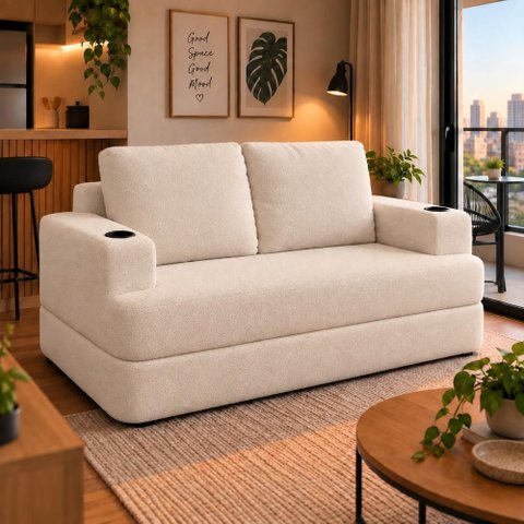 Sofá Cama Casal Colchão 1,50m com Porta Copos Balaqui Decor Cor:Bege