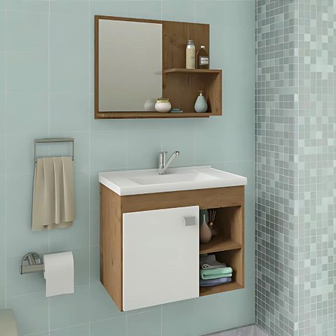 Conjunto Gabinete de Banheiro com Cuba Mármore e Espelheira:amendoa/branco
